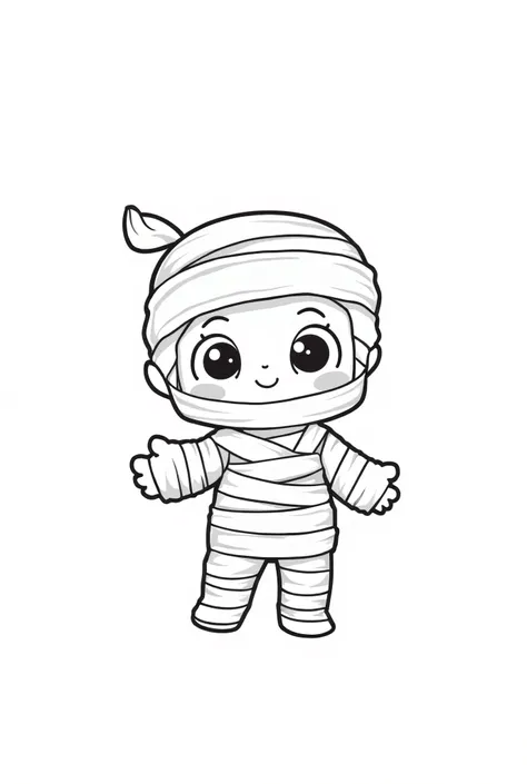 Cute and kawaii halloween a mummy wrapped in bandages coloring Page, simple for toddlers, bold and easy, black bold lines White background, for a coloring book black and white, líne art, only outlines, but the design is simple and bold, no greyscale