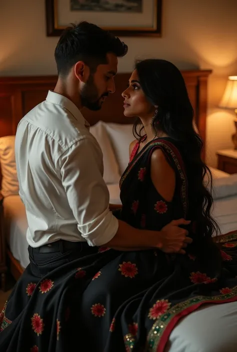 A girl, tanned skin, wearing a black colour saree,red and green designs on it,full sleeve dark red blouse, long hair, black hair, open hair, Straight hair ,Asian style, sitting on a bed, looking at a man who wears a white shirt,folded sleeve,black jeans, n...