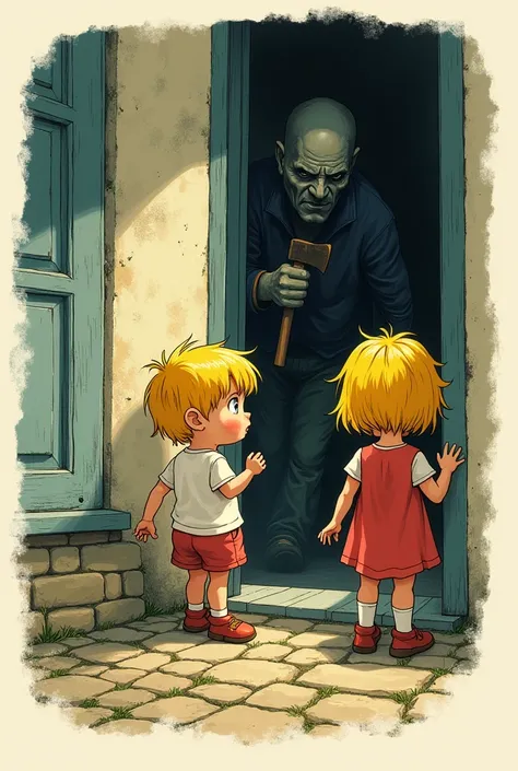  french kids yellow hair stand inside the home door and Alain with axe stand outside of home door . Both are seeing each other  vintage illustration retro colours poster concept creepy image white background.