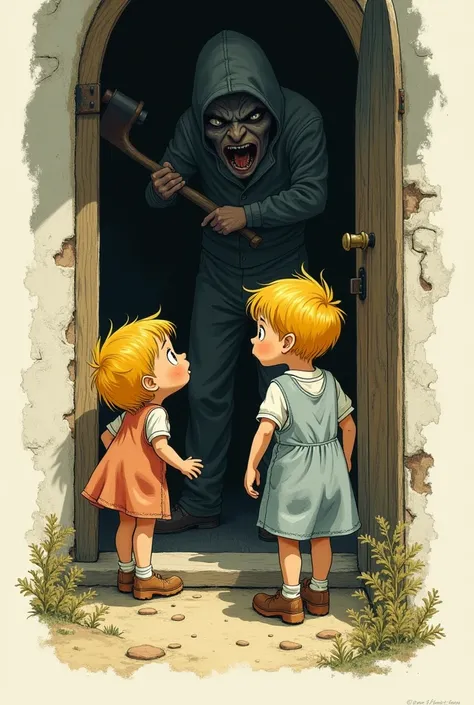  french kids yellow hair stand inside the home door and Alain with axe stand outside of home door . Both are seeing each other  vintage illustration retro colours poster concept creepy image white background.