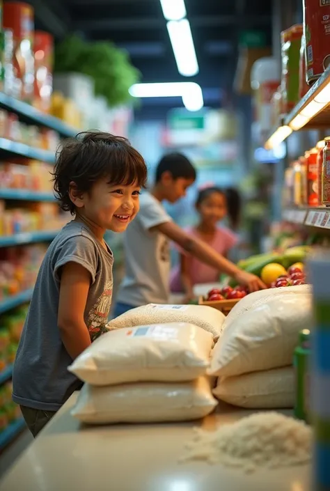 A child and a girl standing in a shopping mart and standing on a counter to bill rice smae picture which you given following