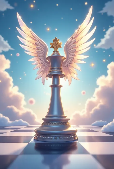 An anime-style chess piece, the queen, with angel wings that is a chess piece not a person 
