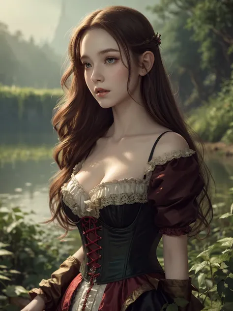 a redheaded asian elf girl in a river (into the river), long and EXTREMELY SILKY HAIR, elegant wine red 1860s elf dress, black corset, very big tits, beautiful detailed eyes and lips, 1860s clothes,  dense lush forest, dark colors, lake, dramatic lighting,...