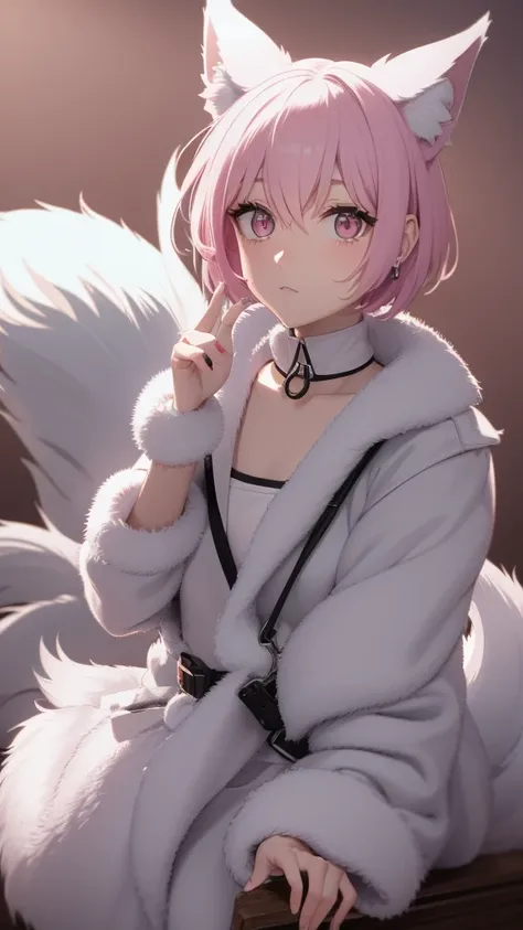 arctic fox, pink eyes, short hair , Long tail, collar, masterpiece, Fox Tail, top quality, , Convertible Jacket,