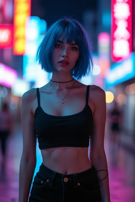 visão completa do corpo wide angle portrait of action shot of a beautiful cyberpunk young women, medium short blue hair, serius face, Gorgeously body, big boobs, short blouse showing belly, in a cyberpunk city, clear facial features, Cinematic, 35mm lens, ...