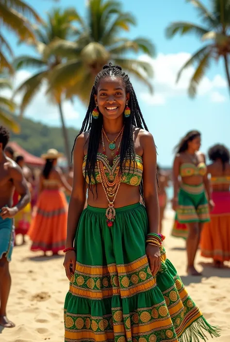 An Afro-Ecuadorian woman from the Esmeraldas province of Ecuador, wearing her traditional costume on a beach, celebrating a festival. full body.