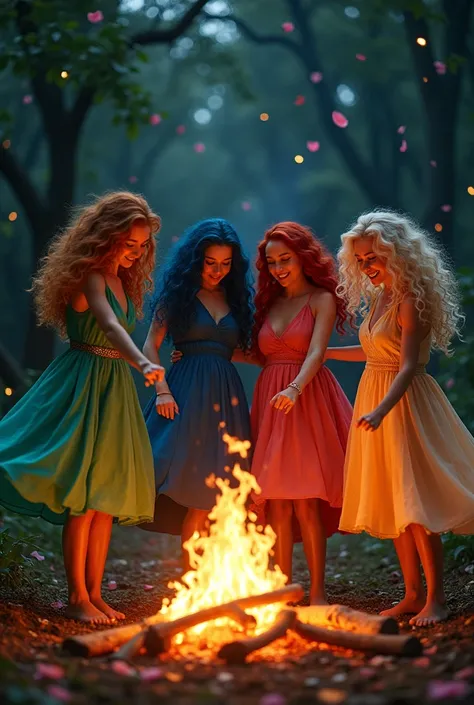 4 adult sisters with long curly colored hair, dancing around a bonfire with an air of magic and fine rain falling from the sky at night, rose petals