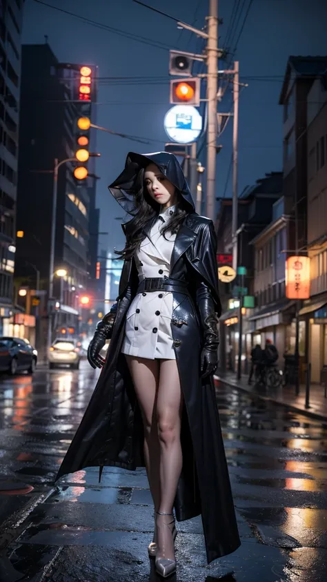 South korea asssassins creed walk women mystery hooded on with modern royal Blue coat with long and wide sleeves with buttons and royal Blue cape and very high white heel over the knee and white gloves, As she reveals a small secret hidden blade coming fro...