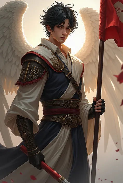 ((best quality)), ((masterpiece)), (detailed), perfect face. Create an epic piece of art featuring an angel of justice with short black hair that embodies the essence of a god of war and victory. He stands gracefully looking into the camera with a waving f...