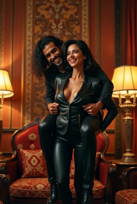 Create a realistic photograph of a smiling and beautiful indian woman in black leather suit carrying a  large 200 pound man on her shoulder , in a exotic room, man is sitting on top of her shoulder, man on top, woman standing at bottom 