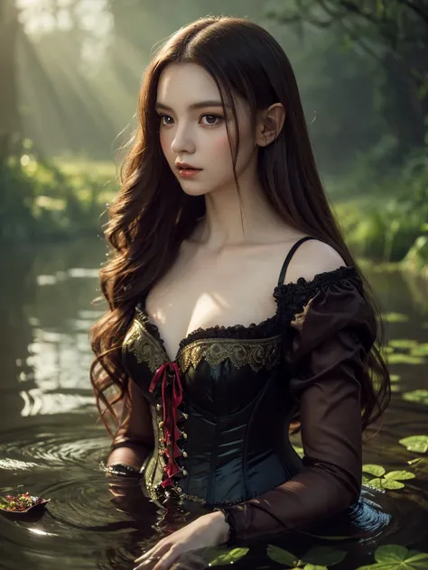 a redheaded asian elf girl in a lake, under water, very long and extremely silky hair, elegant wine red 1860s elf dress, black corset, very big tits, beautiful detailed eyes and lips, 1860s clothes,  dense lush forest, dark colors, lake, dramatic lighting,...