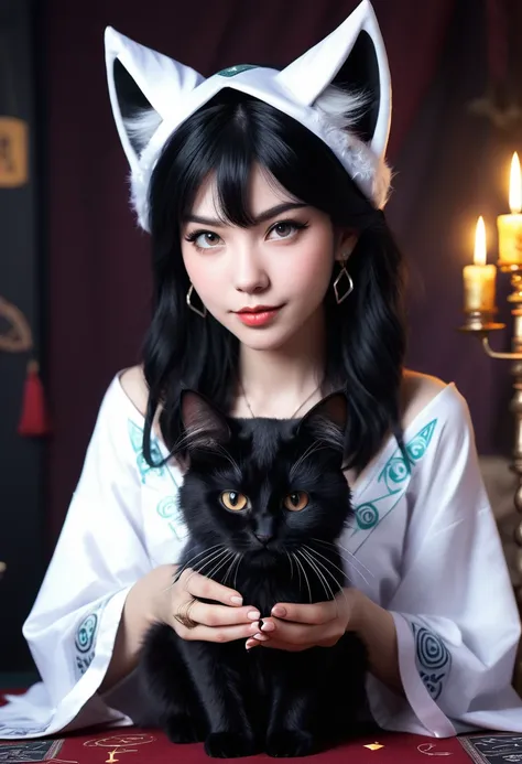 Monster Girl, Cat ear,20th Generation, fortune teller,Realistic Women, Black Hair,cute,astrologer