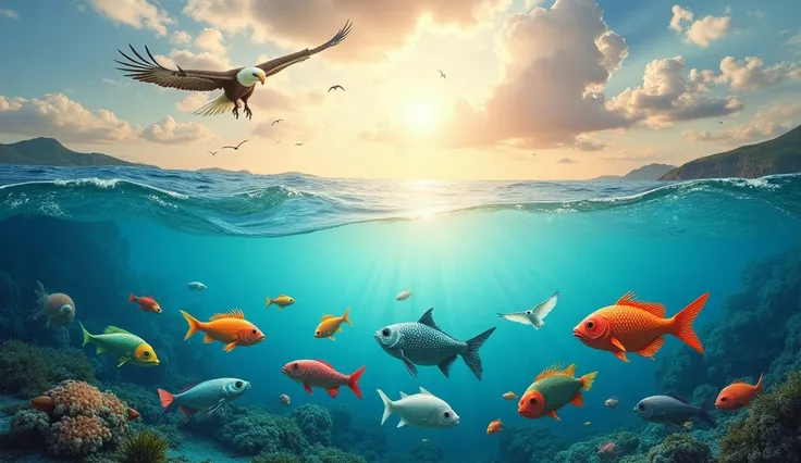 Creation of the Sea Animals and Birds: A vibrant underwater scene with fish of various colors and shapes swimming, while above, majestic birds fly through the sky.