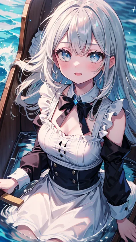 (8k, Highest quality, masterpiece: 1.2),Ultra-high resolution, 1 person, solo, Color changing eyes, Ultra-detailed, Expressive eyes, Highly detailed face, Navy blue maid outfit, Random Hairstyles、Silver gay hair, Rowboat、lake、sunlight, clavicle, Ecstatic e...