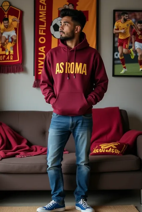 realistic photo of an Indonesian man in his 30s in a room wearing a maroon hoodie with the words "AS ROMA". short hair. wearing jeans, blue Converse shoes. . behind him is a scarf with the writing "AS ROMA. There is a poster of the football team and player...