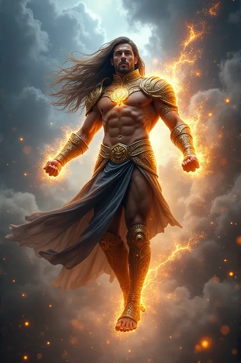 A warrior with long hair and muscular body and with stronger magician powers, strong aurat , flying , surrounded with powerfull light energy.