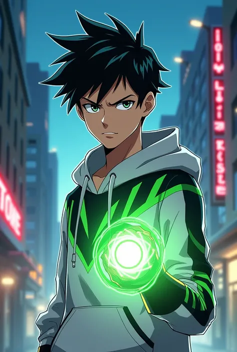 Ben Tennyson from Ben 10 as 17 y/o White hoodie with green and Black patterns on it as anime style with omniverse omnitrix