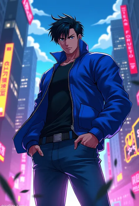 K-9999 The King of Fighters estili anime de casaco azul, with black hair and jeans 