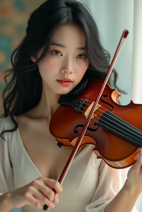 a woman with black long hair playing violin anime, white dress, close up anglee