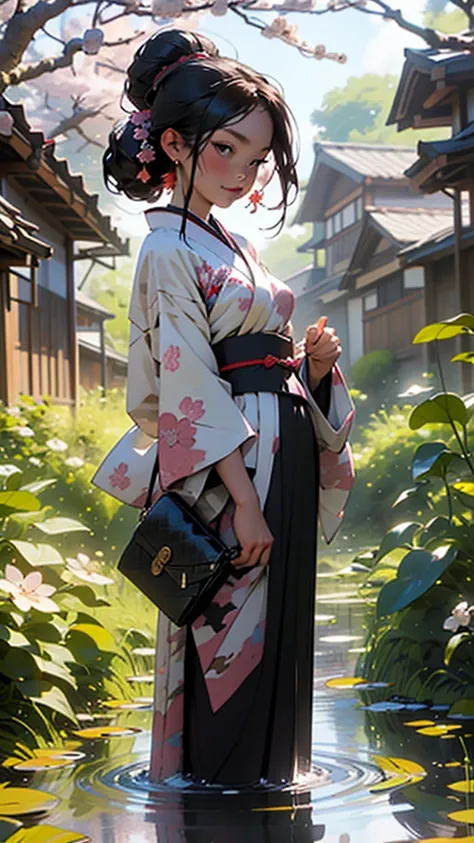 "Create a vibrant scene of a cherry blossom festival during twilight, featuring a character in a traditional kimono. The character should be standing under a canopy of pink blossoms, with lanterns gently glowing around them. The background should showcase ...