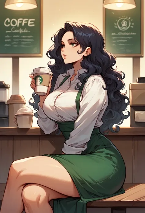 Black girl, curly hair, long hair, curvy girl, big boobs sitting at coffee shop with sexy clothes 