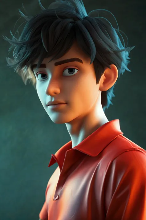 a young man looking at the camera, from the front, with a red polo t-shirt, 3d pixar style