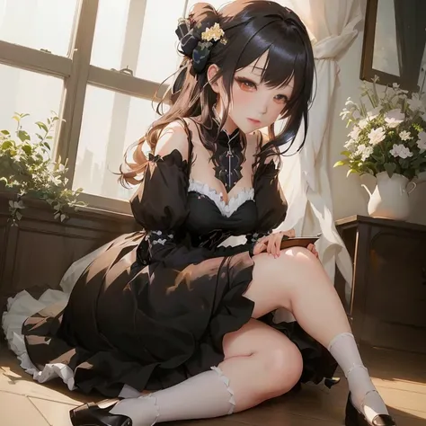 anime girl sitting on the floor with her legs crossed,  in dress, cute anime waifu in a nice dress, anime girl wearing a black dress, guweiz on pixiv artstation, , artwork in the style of guweiz, guweiz on artstation pixiv, cute anime girl, guweiz, smooth ...