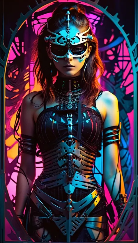 tarot card, chiaroscuro technique on sensual illustration of an queen of sword, a teenage fashion model wearing an exo-skeleton mask, vibrant colors, futuristic cyberpunk style, intricate details, cinematic lighting, dramatic pose, 