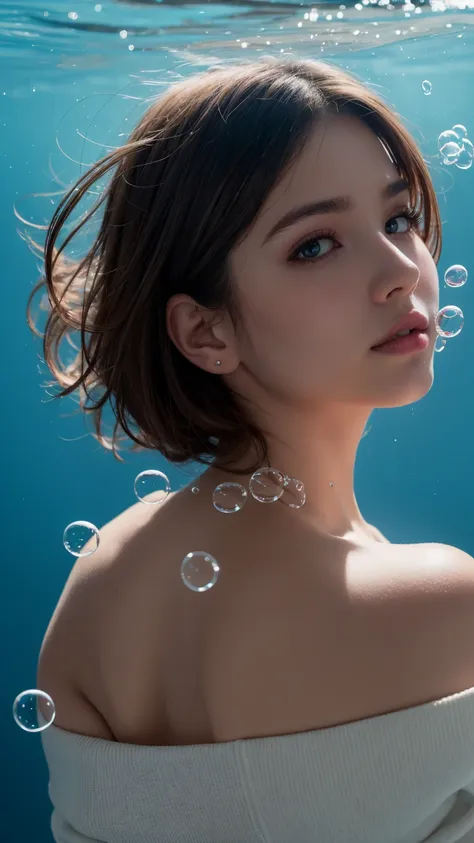 1girl, solo, looking at viewer, short hair, blue eyes, brown hair, black hair, collarbones, parted lips, water, lips, white swea...