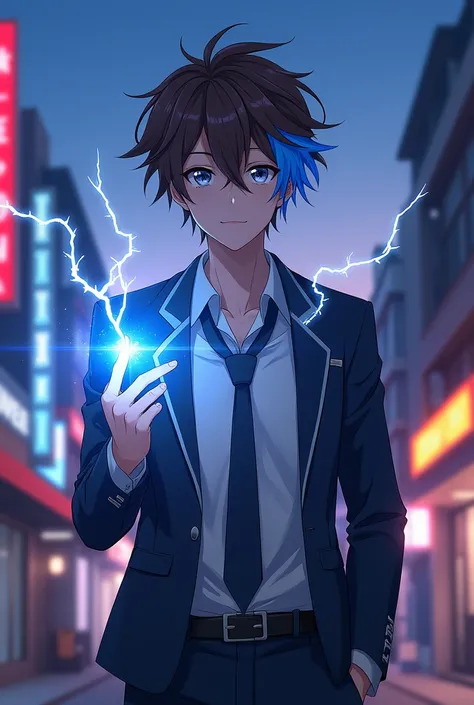 An anime male protagonist with brown hair that has a streak of a different color on one side, that they wear a simple but stylish Japanese uniform
And with electrical powers