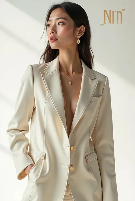 Create a fashion poster featuring a womens blazer as the main product, with the brand name NLin prominently displayed in the image. The poster should exude elegance and sophistication, appealing to young women with a refined and trendy sense of style. Use ...