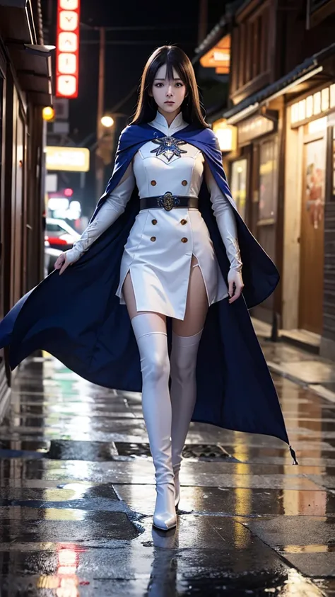 South korea asssassins creed walk women mystery hooded on with modern royal Blue coat with long and wide sleeves with buttons and royal Blue cape and very high white heel over the knee and white gloves, As she reveals a small secret hidden blade coming fro...