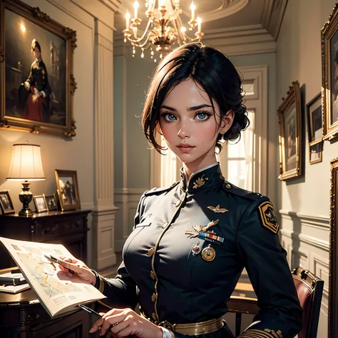 Three French female military officers from World War II are in a historical office setting, discussing a strategic plan. The room is decorated with period-appropriate furnishings and maps on the walls. The women are dressed in authentic French military uni...