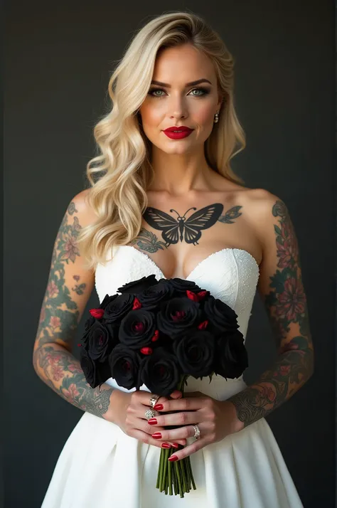 a one woman, Alta loira, with strong makeup red lipstick, wearing a wedding dress, with cleavage showing all her tattoos, a butterfly tattoo on the chest, on the feet red high heels, She wore a white dress and had a bouquet of black roses with red details ...