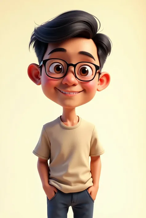 Indonesian commoners features, 3D caricature style, front view angle, medium close-up shot, casual setting theme, isolated on a transparent background. A 30-year-old man with short black hair, wearing glasses, casual shirt, and jeans, smiling with a friend...