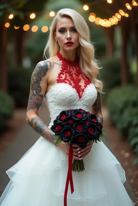 a one woman, Alta loira, with strong makeup red lipstick, wearing a wedding dress, with a detailed red neckline showing off all her tattoos, on both arms a butterfly tattoo on the chest, on the feet red high heels, She wore a white dress and carried a bouq...