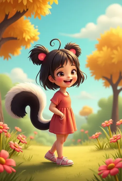 girl, with skunk tail and skunk ears, facing butt, farting, shit