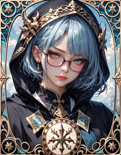 Tarot Cards,A mysterious hooded fortune teller,Black-rimmed glasses,Tarot Cardsが舞う演出、Light blue hair、Tarot reading、Dark Style、Black Suit、Short bob with hood、grim Reaper、head shot