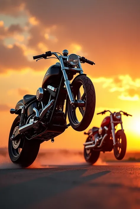 Two motorcycles wheelieing backwards in two shots (behind, and in front), towards sunset, a motorcycle will be in the foreground further forward, and the other one in the background further back. In the background a view with sunset 