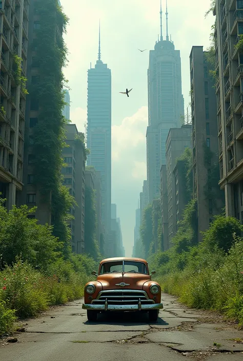 a city with a lot of tall buildings and a car in the middle of it, in a post apocalyptic city, in a tropical and dystopic city, overgrown city, dystopin future, in a ruined cityscape, city is pure wasteland, post - apocalyptic city streets, outdoors ruined...