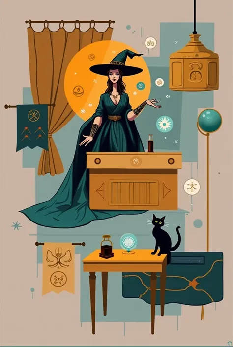 create a scene that depicts a modern-day witch who has embraced the world of cybernetics to enhance her magical abilities. The artwork should convey the enchanting blend of traditional witchcraft and futuristic technology. Here are some specific elements t...