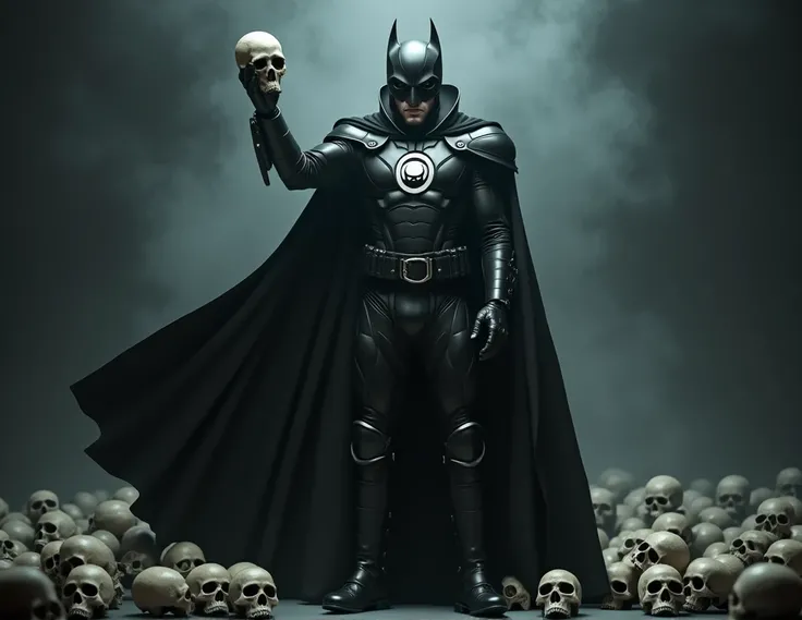 1man, white man, black round helmet and mask, villain, evil, glowing black lantern insignia, metal parts, black cape, black boots, holding a skull, skulls background