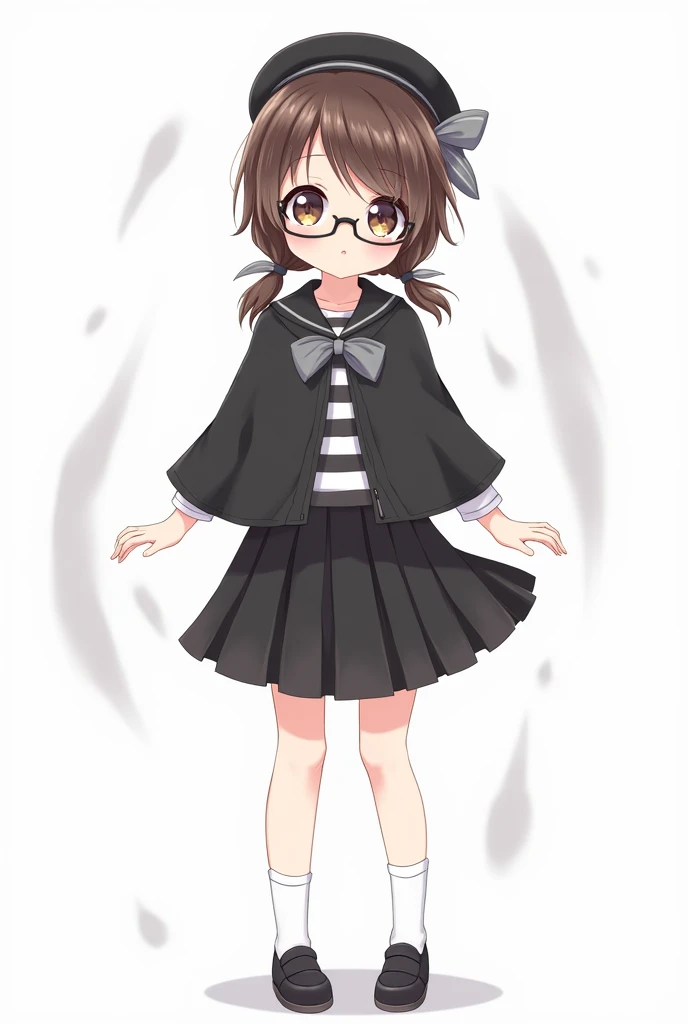 white skin anime girl, brown hair with two low pigtails, black round lenses, Black beret with a gray bow, black and white poncho, black and white striped shirt, black and white skirt, White socks, black school shoes, brown eyes on a white background with g...