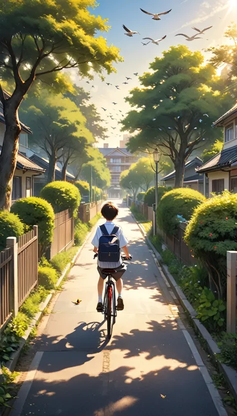 A handsome boy rides a bicycle on his way home from school。He is wearing a neat school uniform,Carrying a schoolbag,The handsome face bathed in the warm afternoon sun.。The surrounding residential environment is also clearly visible,Fences and spindle trees...