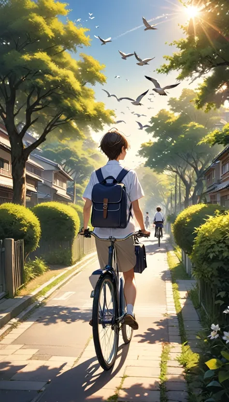 A handsome boy rides a bicycle on his way home from school。He is wearing a neat school uniform,Carrying a schoolbag,The handsome face bathed in the warm afternoon sun.。The surrounding residential environment is also clearly visible,Fences and spindle trees...