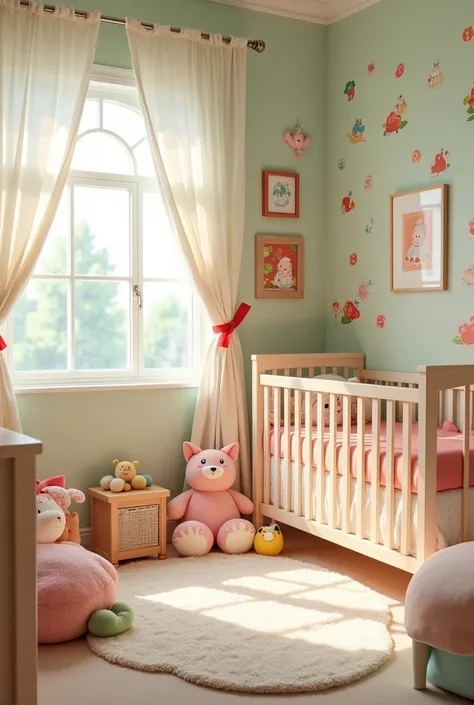 a baby room with Japanese anime themed wallpaper
