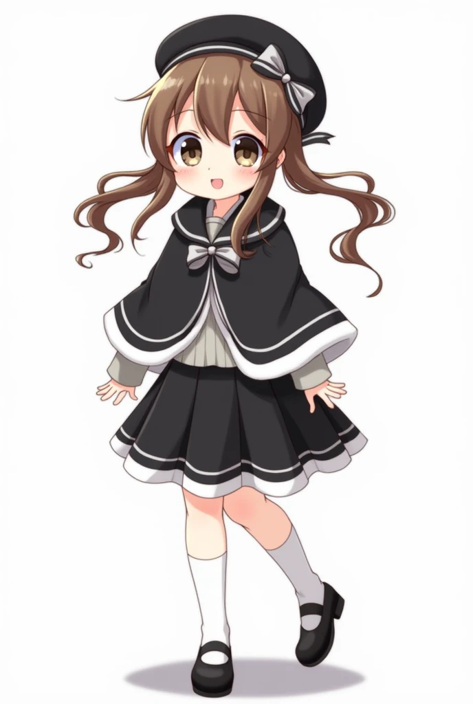 white skin anime girl, Long brown hair with two low pigtails, black round lenses, Black beret with a gray bow, black and white poncho, black and white striped shirt, black and white skirt, White socks, black school shoes, brown eyes on a white background w...