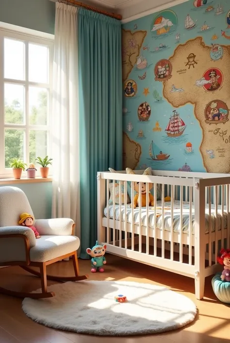 a baby room with ONE PIECE themed wallpaper
