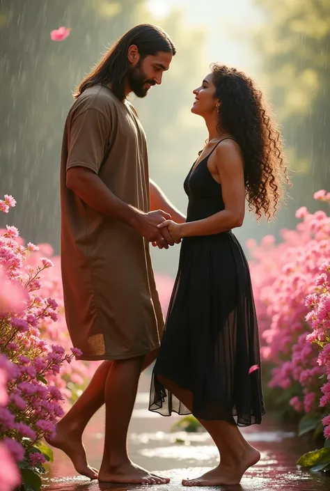 A BROWN MAN, greeneyes, Long brown hair, 5 feet 7 inches tall, brown tunic dress, dancing with a white woman, 5 feet 1 inch tall, medium black curly hair, IN A BLACK DRESS, barefoot, in the rain, in a field of pink flowers,Magic place 