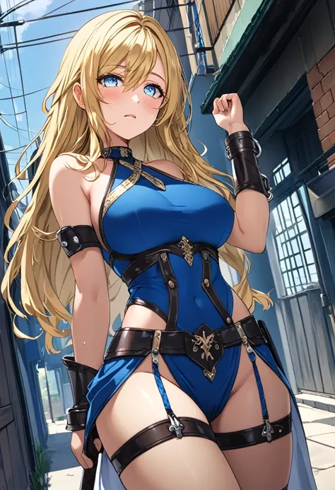 Highest quality、One woman, 25 years old、Female Swordsman、Blonde、Long Hair、Cross bangs、Big Breasts、Blue Eyes、Hanging eyes、Details、thigh、Half-closed eyes,  Umbilical cord、leather armor、Halter neck、Pelvic Curtain、Low rise、garter belt、Knee-high boots、Umbilical...